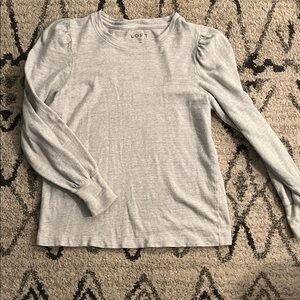 LOFT Light Gray Puff Sleeve Crew Knit Pullover Top